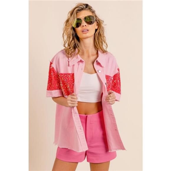 ✨NWT BiBi Sequin Detail Raw Hem Short Sleeve Shirt - Picture 4 of 5